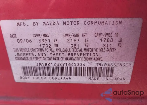 2007 Mazda Mazda3 S Sport from USA, damaged, VIN JM1BK123271645334